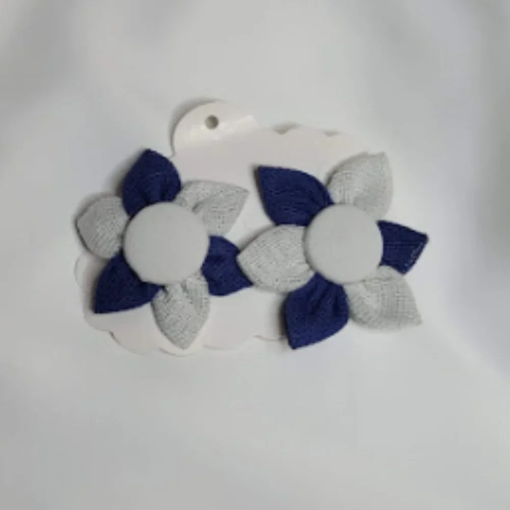 Girls Handmade Navy Blue/White Floral 2pc Hair Clip Set- Brand New